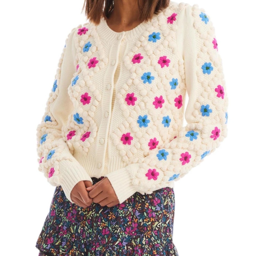 Allison New York Cottagecore Embroidered Pom Cardigan Cream Floral Sweater Small